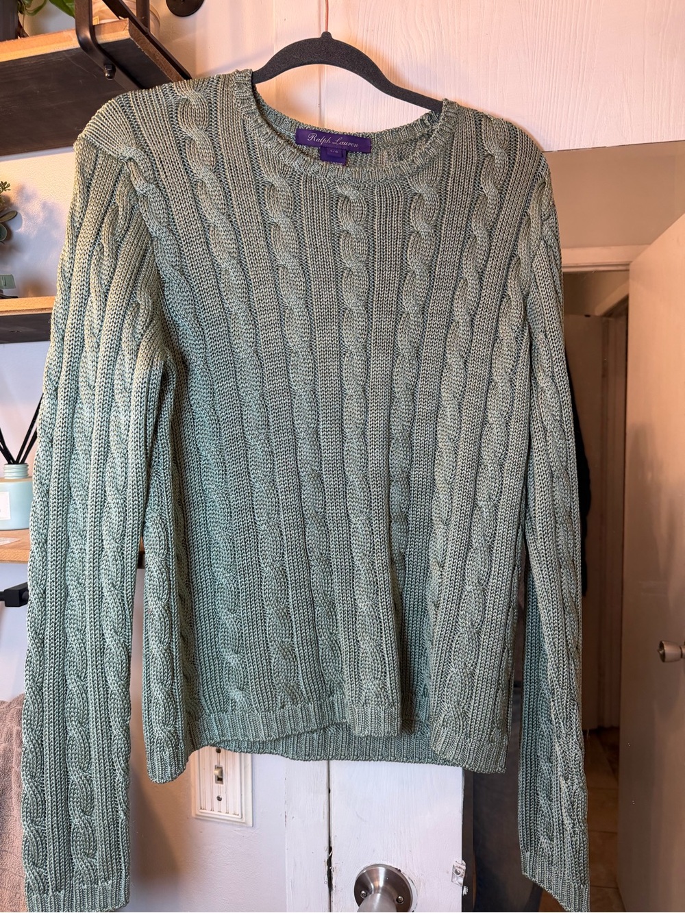 Ralph Lauren Purple Label 100% Silk Cable-Knit Crewneck Sweater in Sage Green